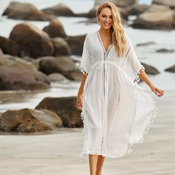 SOLD OUT CLEARANCE White Crochet Tassel Fringe Swim Coverup Dress - Picture 2 of 4